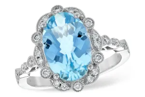 Oval Aquamarine Ring with Milgrain Diamond Halo