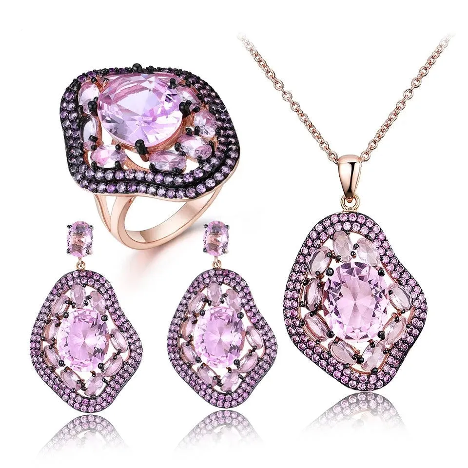 Oval Nano Real  Pink Moganite Jewelry Sets Gemstone Pendant Necklace Rings Drop Earrings 925 Sterling Silver(real silver gold plated color not fade away) For Women Best Gift