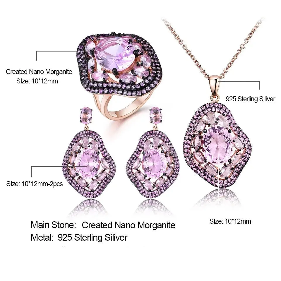 Oval Nano Real  Pink Moganite Jewelry Sets Gemstone Pendant Necklace Rings Drop Earrings 925 Sterling Silver(real silver gold plated color not fade away) For Women Best Gift