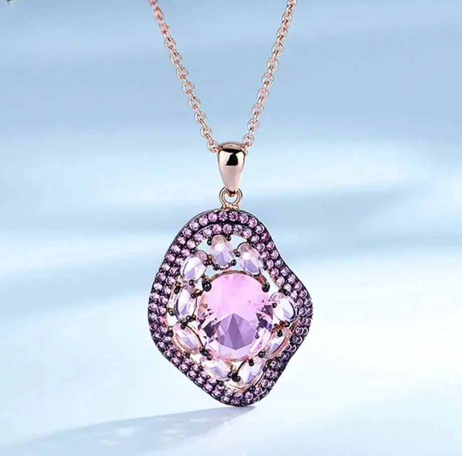 Oval Nano Real  Pink Moganite Jewelry Sets Gemstone Pendant Necklace Rings Drop Earrings 925 Sterling Silver(real silver gold plated color not fade away) For Women Best Gift