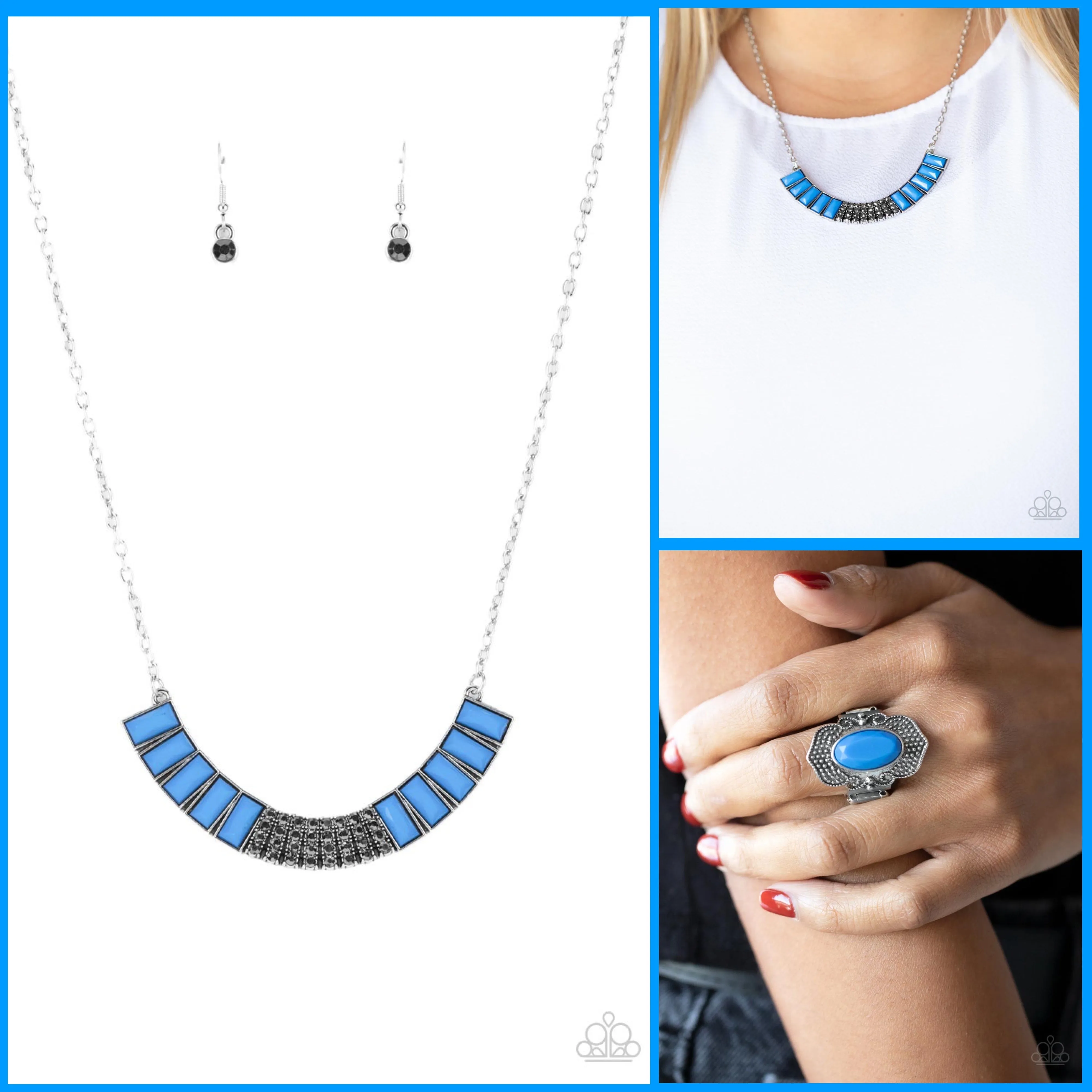 Paparazzi Coup de MANE Necklace Blue, & Taj Mahal Trendsetter Ring Blue