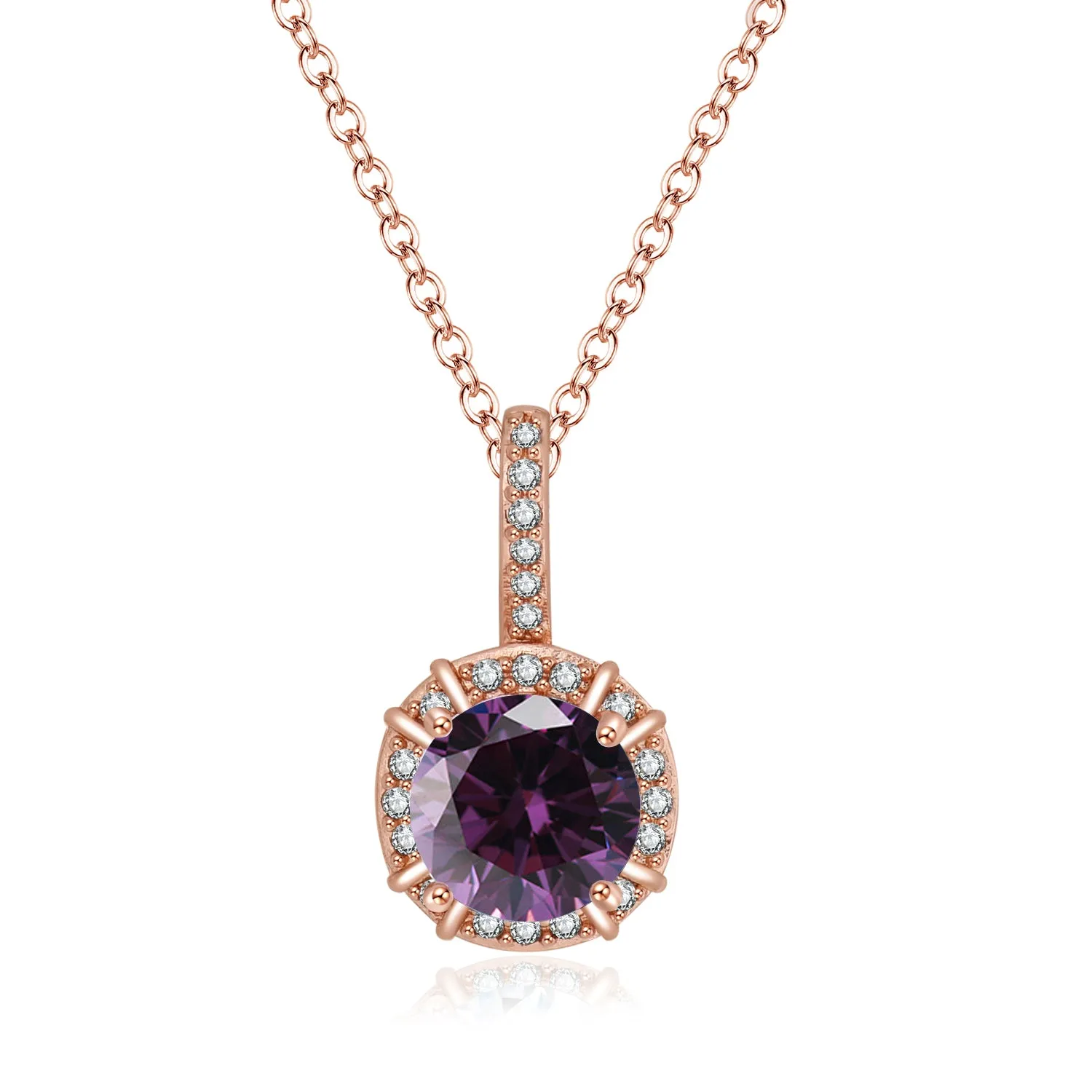 Paris Jewelry 18K Rose Gold 1ct Halo Amethyst Round 18 Inch Necklace Plated