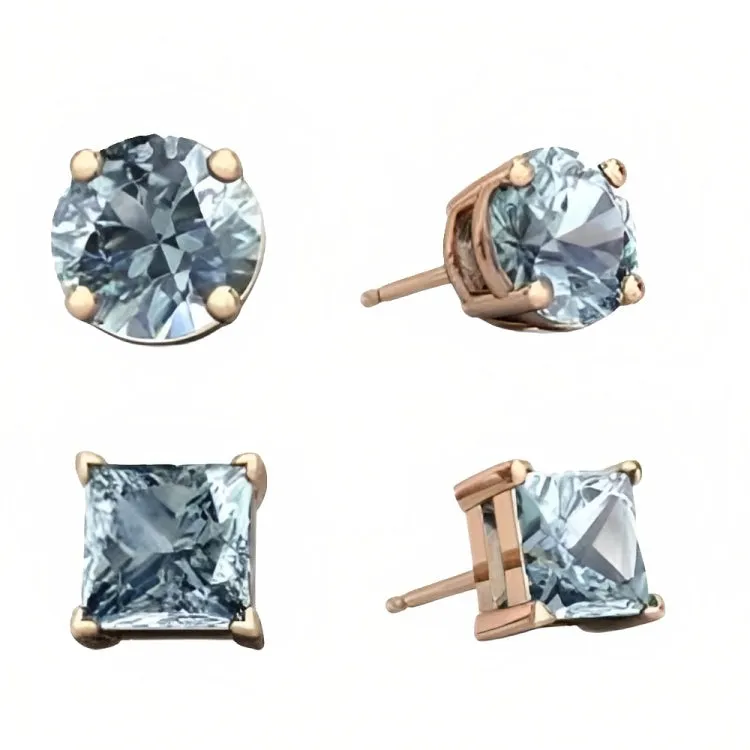 Paris Jewelry 18k Rose Gold 2 Pair Created Aquamarine 4mm, 6mm Round & Princess Cut Stud Earrings Plated