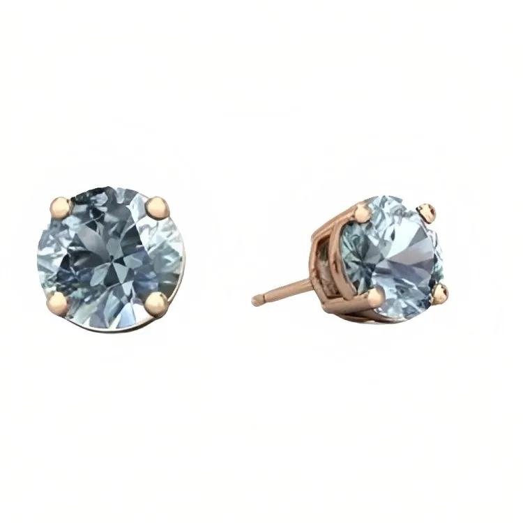 Paris Jewelry 18k Rose Gold 2 Pair Created Aquamarine 4mm, 6mm Round & Princess Cut Stud Earrings Plated