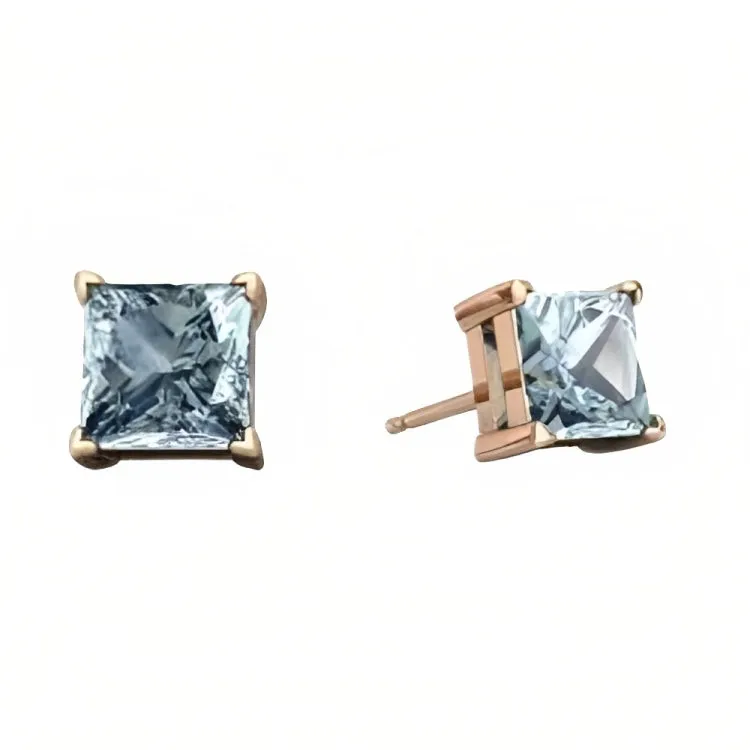 Paris Jewelry 18k Rose Gold 2 Pair Created Aquamarine 4mm, 6mm Round & Princess Cut Stud Earrings Plated