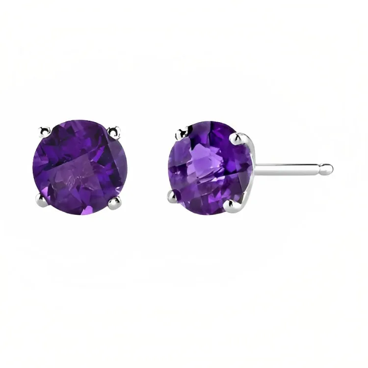 Paris Jewelry 18k White Gold 2 Pair Created Amethyst 4mm Round & Princess Cut Stud Earrings Plated