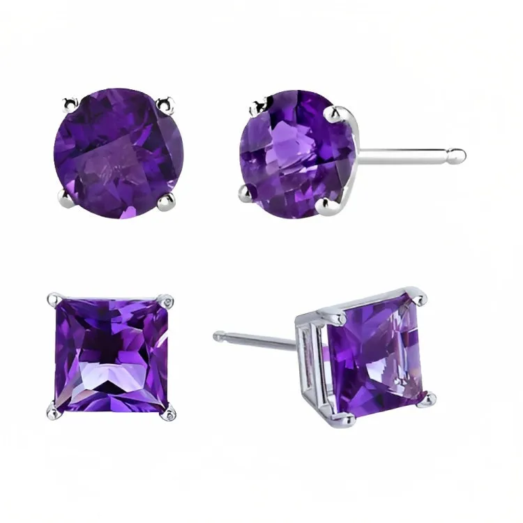 Paris Jewelry 18k White Gold 2 Pair Created Amethyst 4mm Round & Princess Cut Stud Earrings Plated