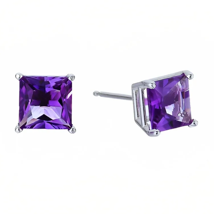 Paris Jewelry 18k White Gold 2 Pair Created Amethyst 4mm Round & Princess Cut Stud Earrings Plated