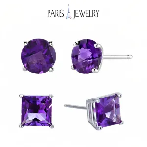 Paris Jewelry 18k White Gold 2 Pair Created Amethyst 4mm Round & Princess Cut Stud Earrings Plated