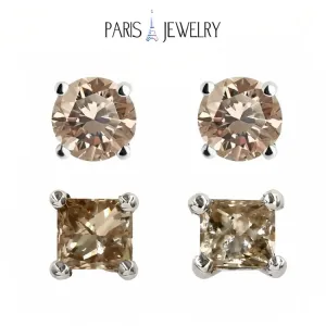 Paris Jewelry 18k White Gold 2 Pair Created Champagne 6mm Round & Princess Cut Stud Earrings Plated