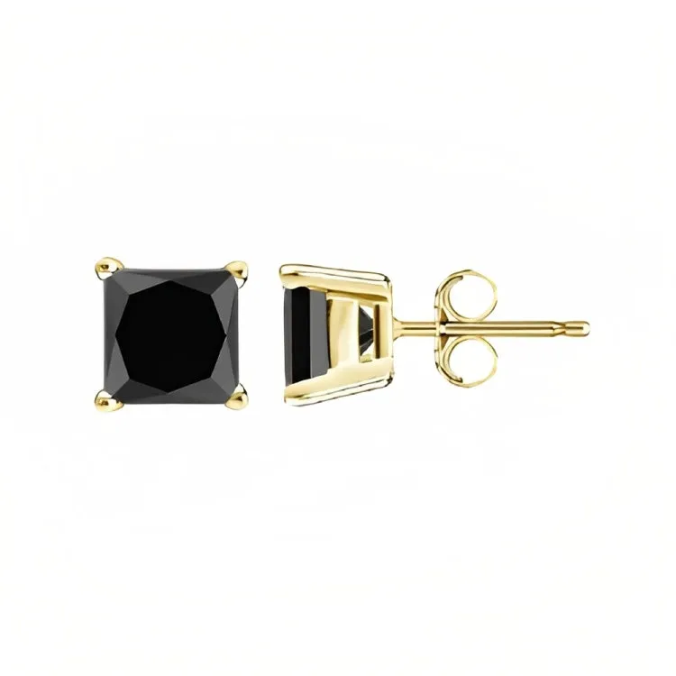 Paris Jewelry 18k Yellow Gold 2 Pair Created Black Sapphire 4mm Round & Princess Cut Stud Earrings Plated