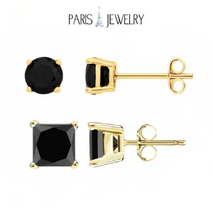 Paris Jewelry 18k Yellow Gold 2 Pair Created Black Sapphire 4mm Round & Princess Cut Stud Earrings Plated