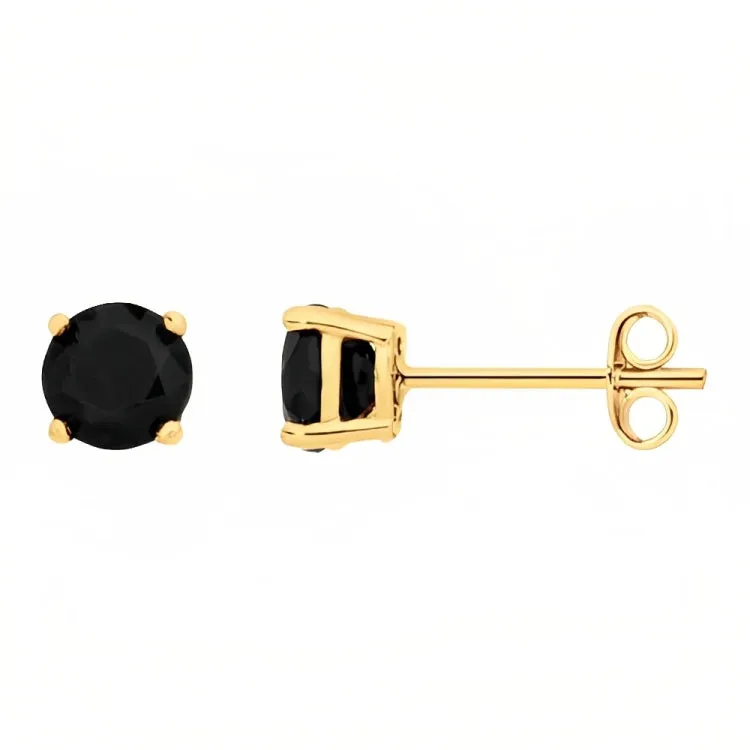 Paris Jewelry 18k Yellow Gold 2 Pair Created Black Sapphire 4mm Round & Princess Cut Stud Earrings Plated