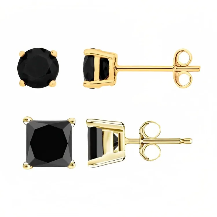 Paris Jewelry 18k Yellow Gold 2 Pair Created Black Sapphire 4mm Round & Princess Cut Stud Earrings Plated