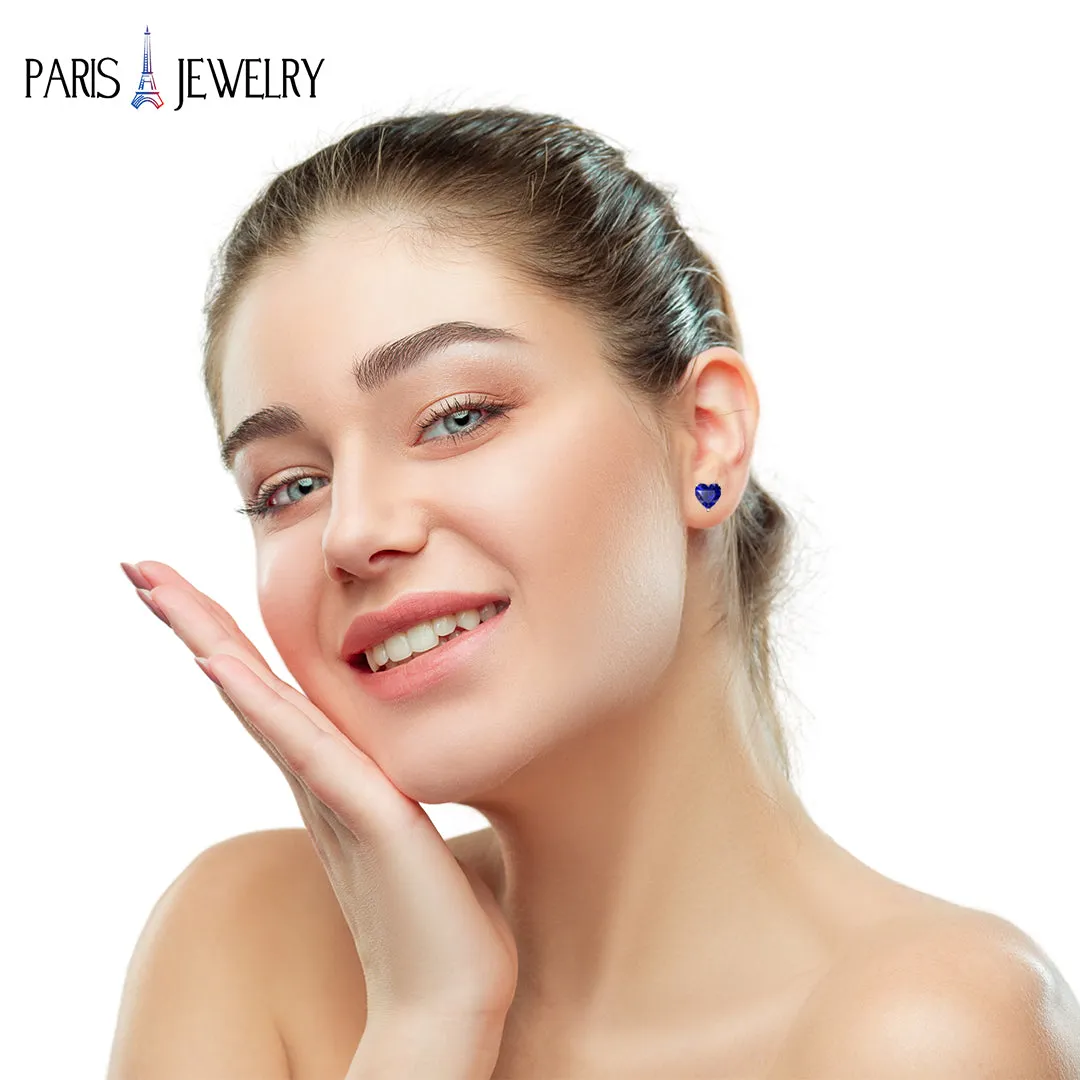 Paris Jewelry 18k Yellow Gold Created Blue Sapphire 3 Pair Round, Square And Heart Stud Earrings Plated 4mm