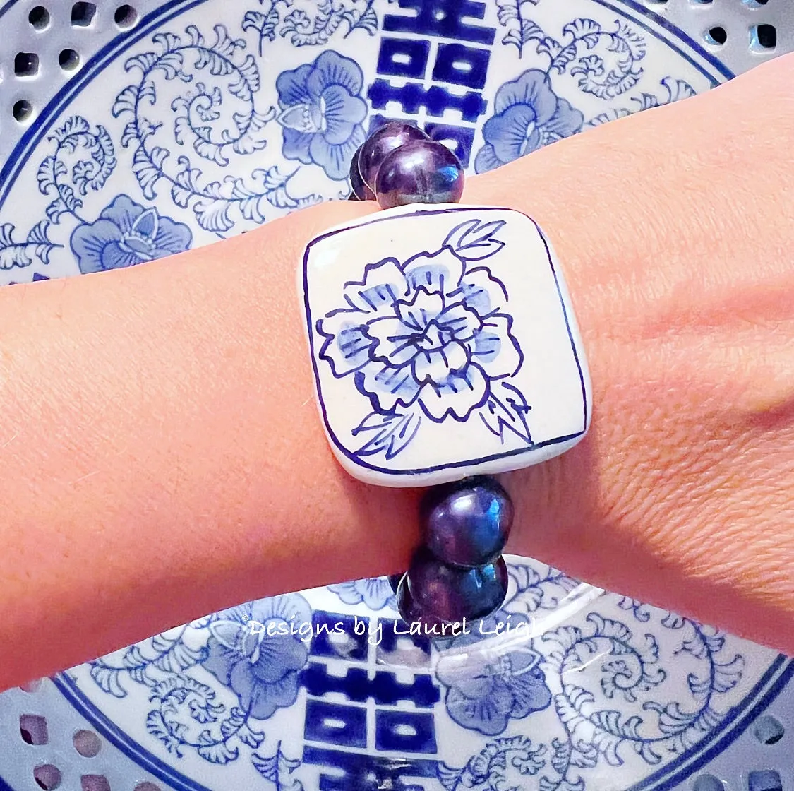 Peacock Pearl & Chinoiserie Peony Bracelet