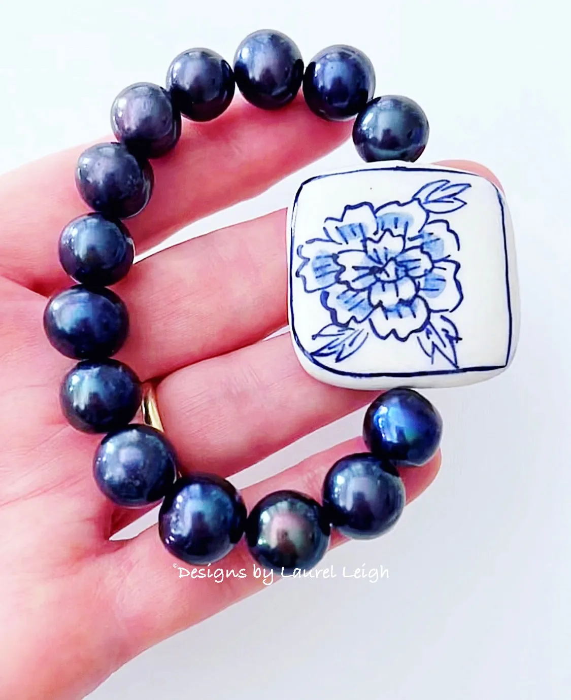 Peacock Pearl & Chinoiserie Peony Bracelet