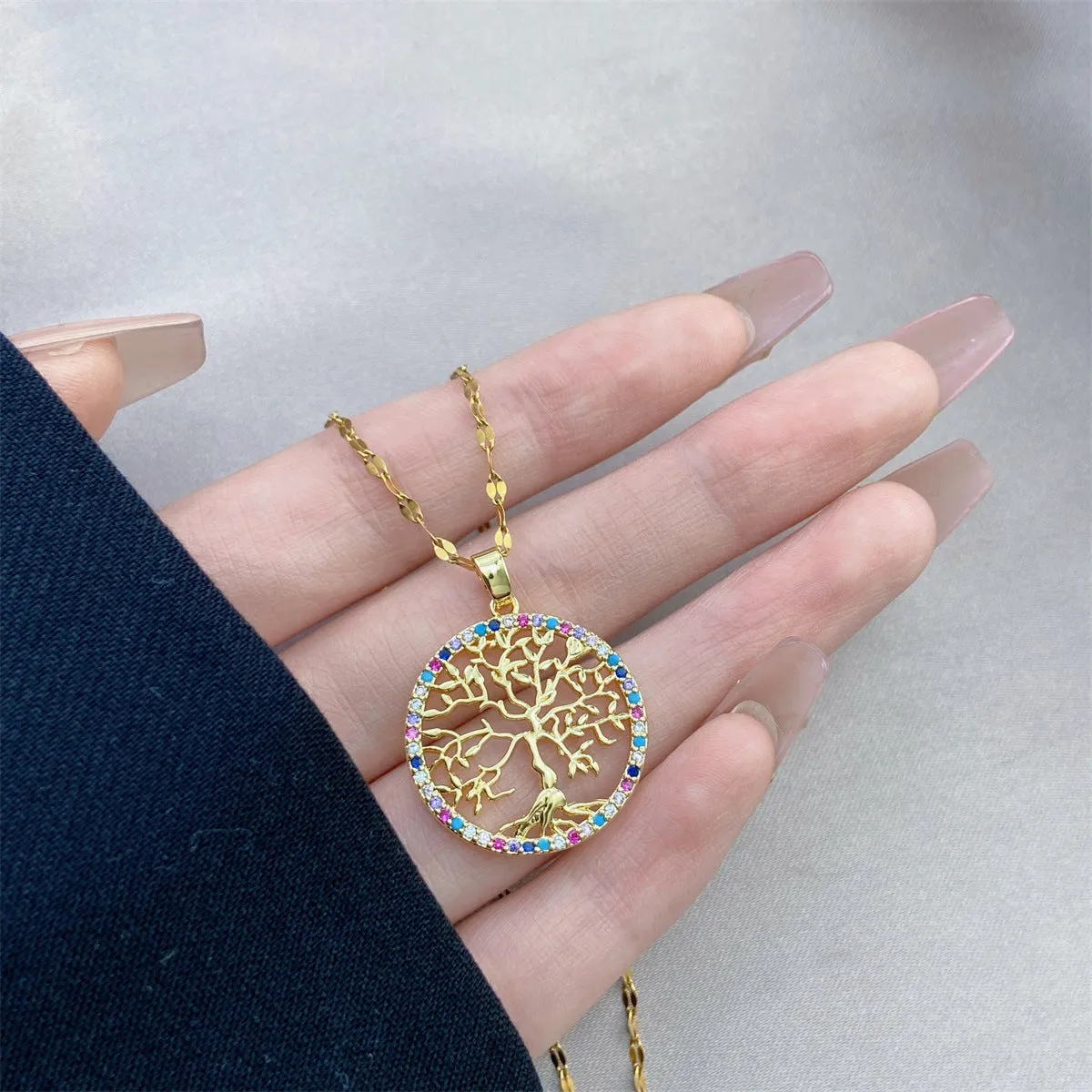 Personality Hollow Out Colorful Zircon Tree Of Life Pendant Necklace