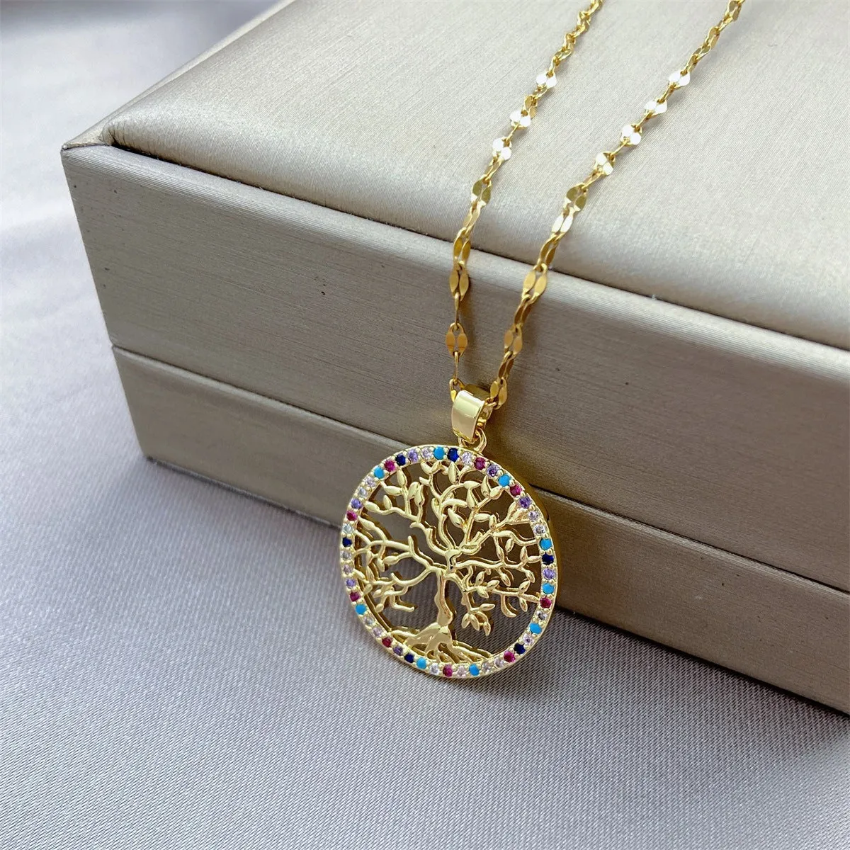 Personality Hollow Out Colorful Zircon Tree Of Life Pendant Necklace