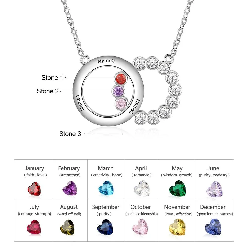 Personalized Women’s 925 Sterling Silver Family Necklace with 3 Names Circle & Custom Birthstones Pendant, Classic Jewelry for Mother