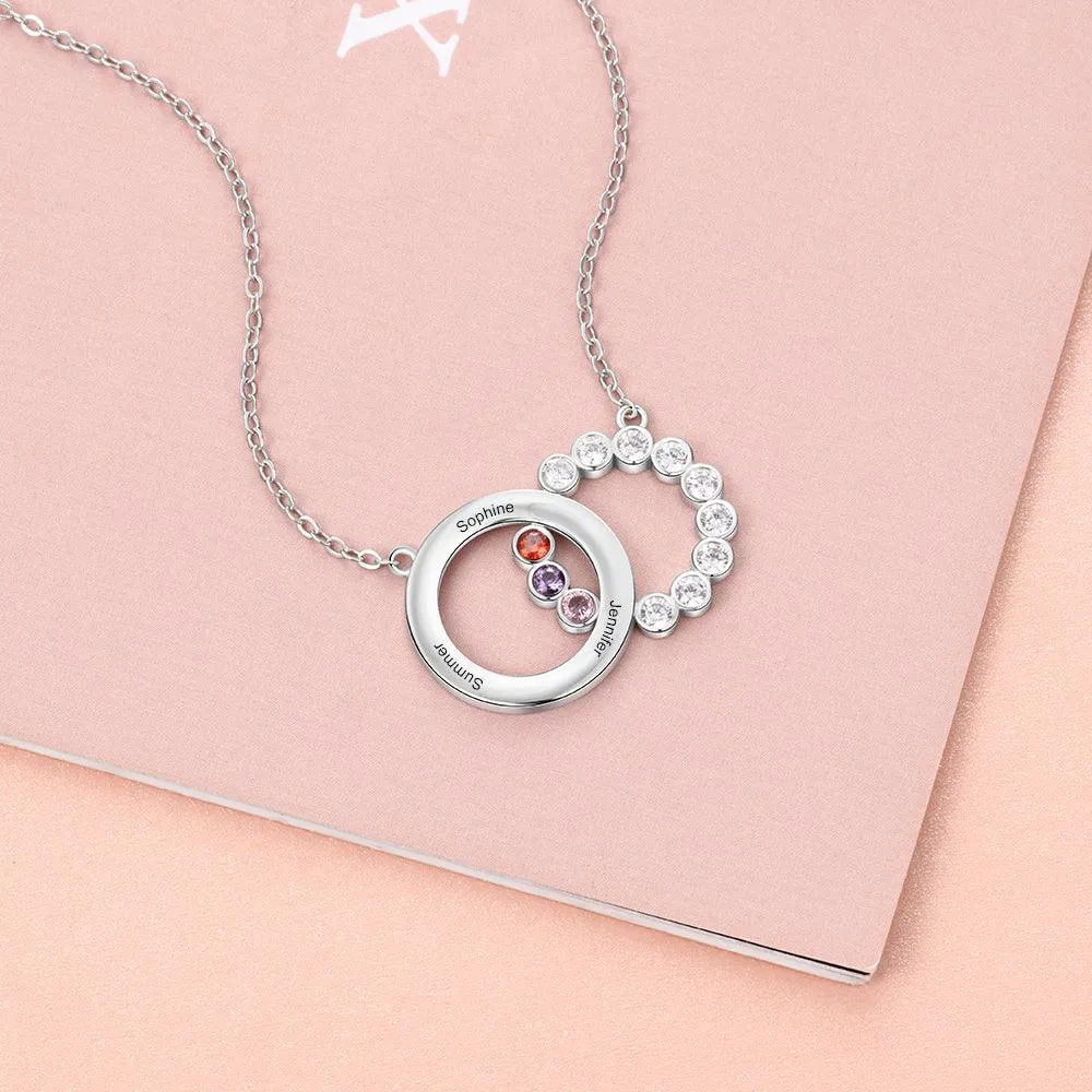 Personalized Women’s 925 Sterling Silver Family Necklace with 3 Names Circle & Custom Birthstones Pendant, Classic Jewelry for Mother