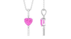 Pink Sapphire Heart Drop Pendant Necklace with Diamond