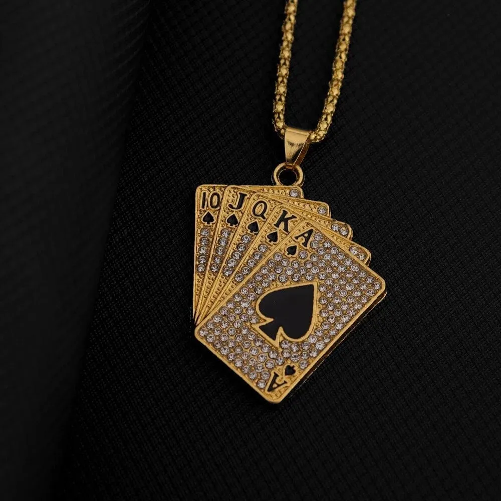 Playing Cards For Good Luck and Fortune For Players Gold Pendant Necklace with Zircon