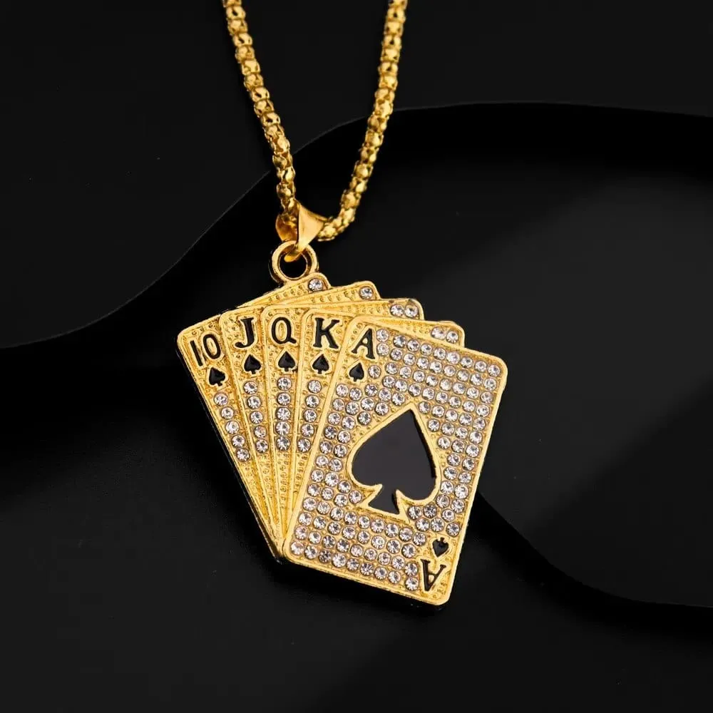 Playing Cards For Good Luck and Fortune For Players Gold Pendant Necklace with Zircon