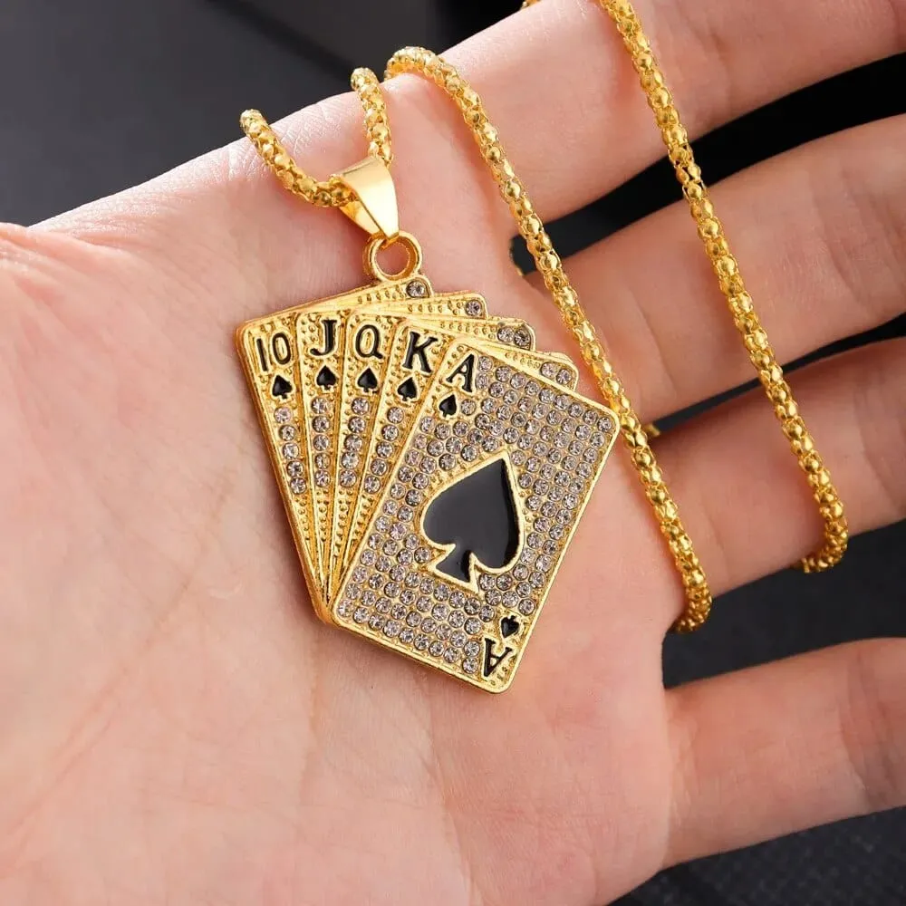 Playing Cards For Good Luck and Fortune For Players Gold Pendant Necklace with Zircon