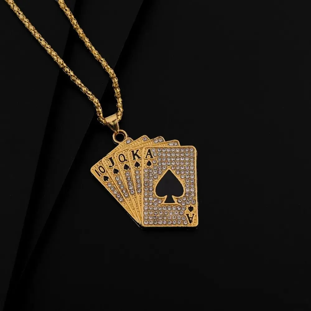 Playing Cards For Good Luck and Fortune For Players Gold Pendant Necklace with Zircon