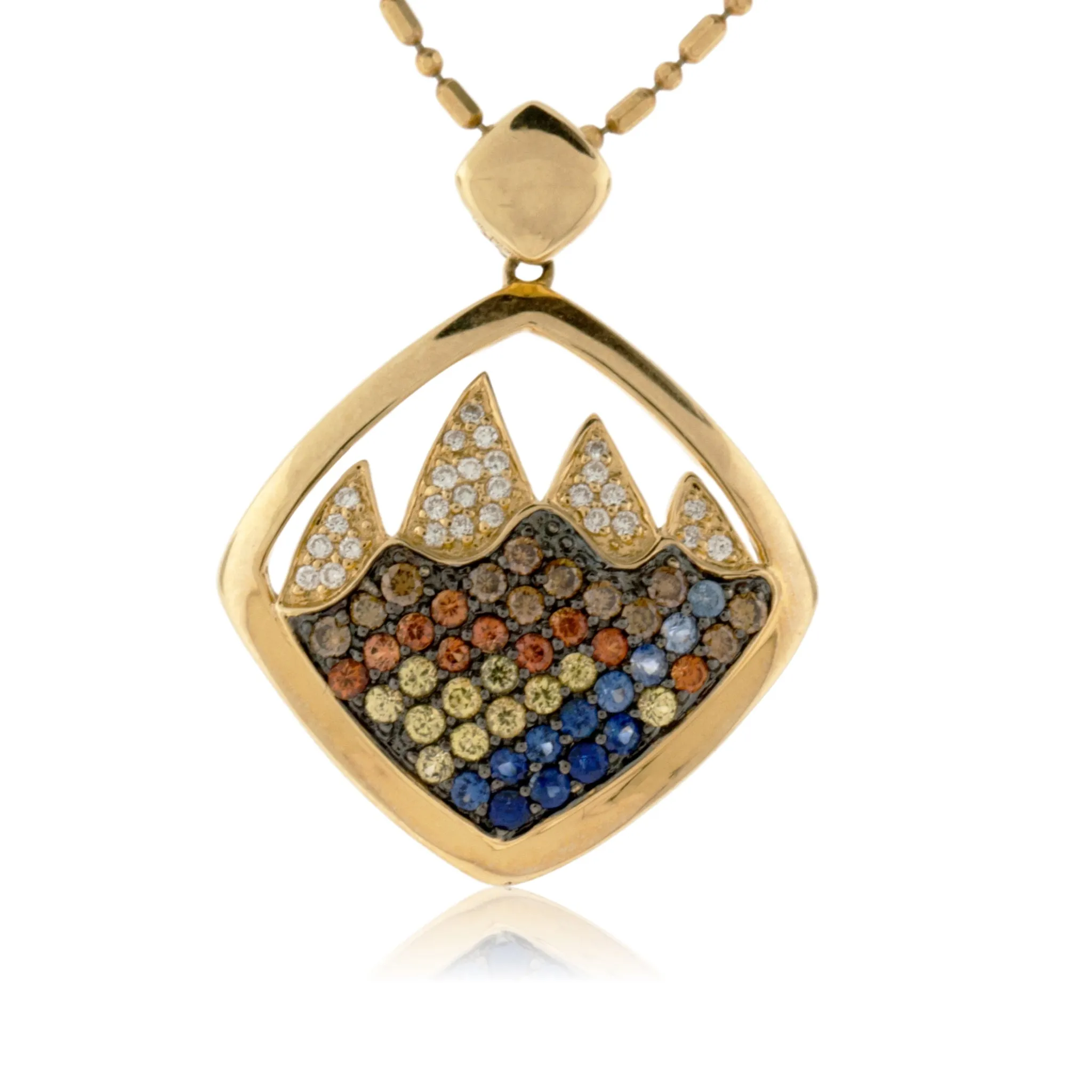 Rainbow Sapphire, Gemstone, and Diamond Mountain Scene Pendant