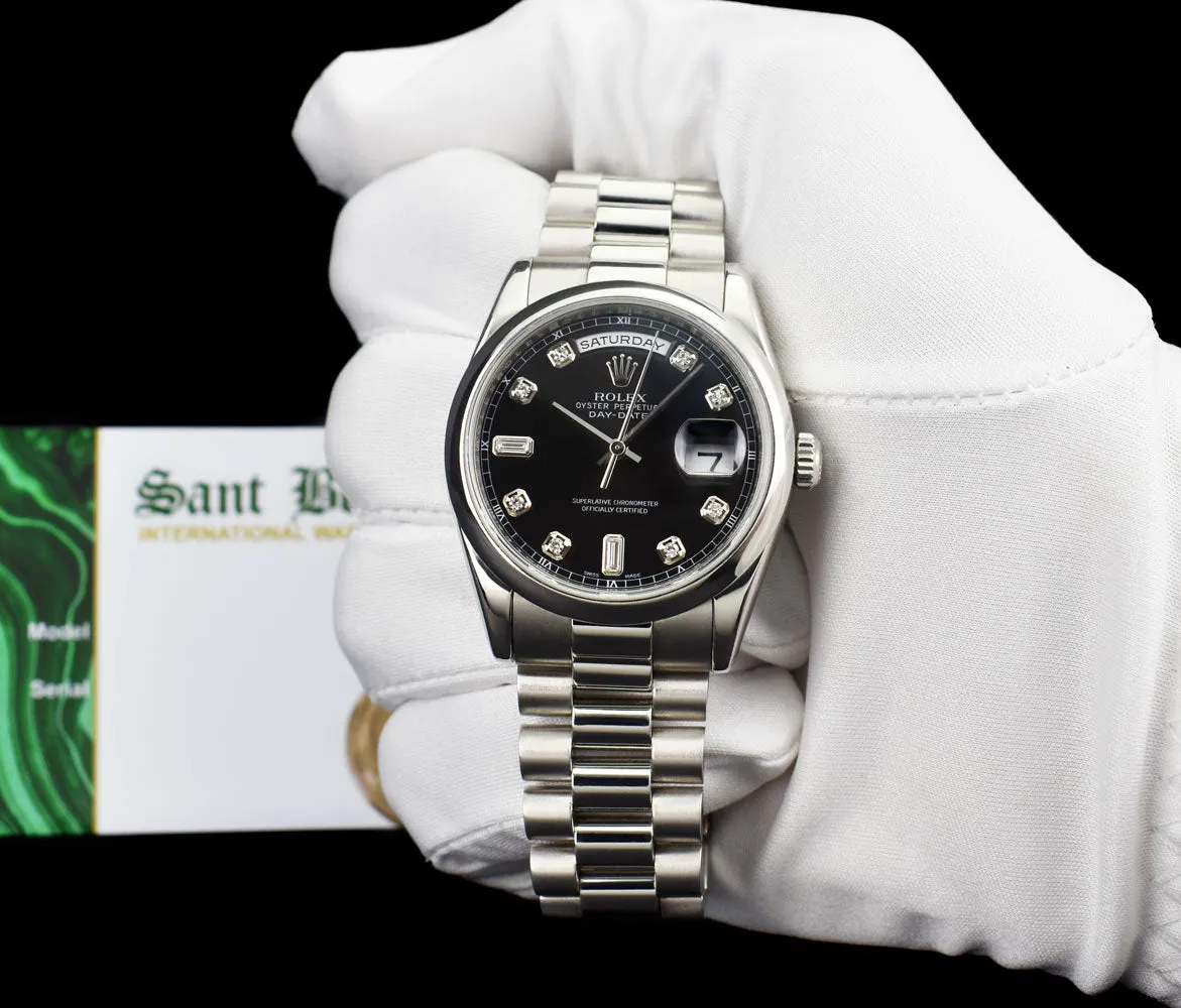 ROLEX 36mm Platinum Day Date President Black Diamond Dial Model 118206