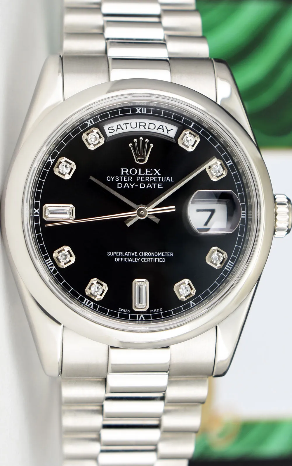 ROLEX 36mm Platinum Day Date President Black Diamond Dial Model 118206