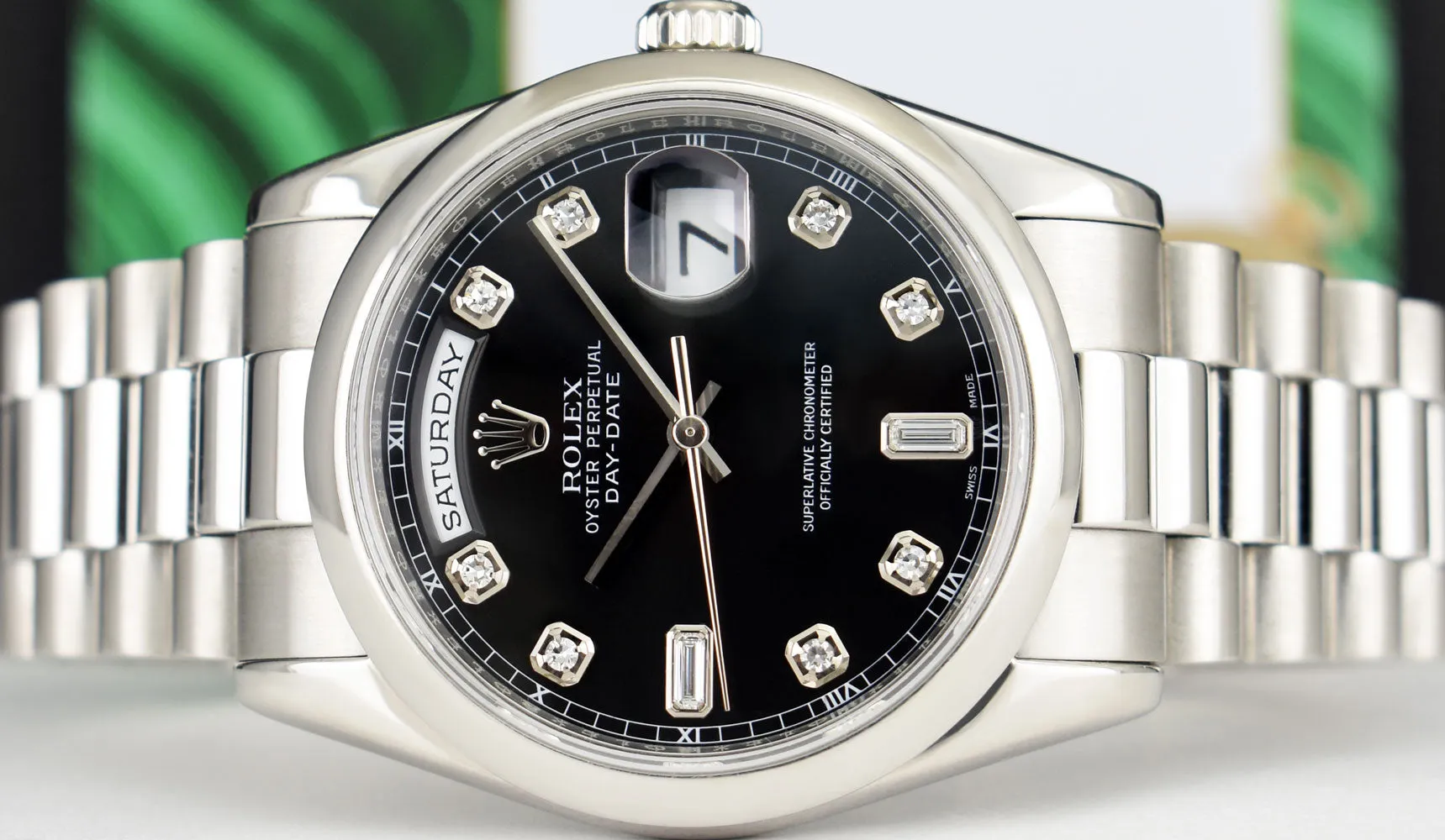 ROLEX 36mm Platinum Day Date President Black Diamond Dial Model 118206