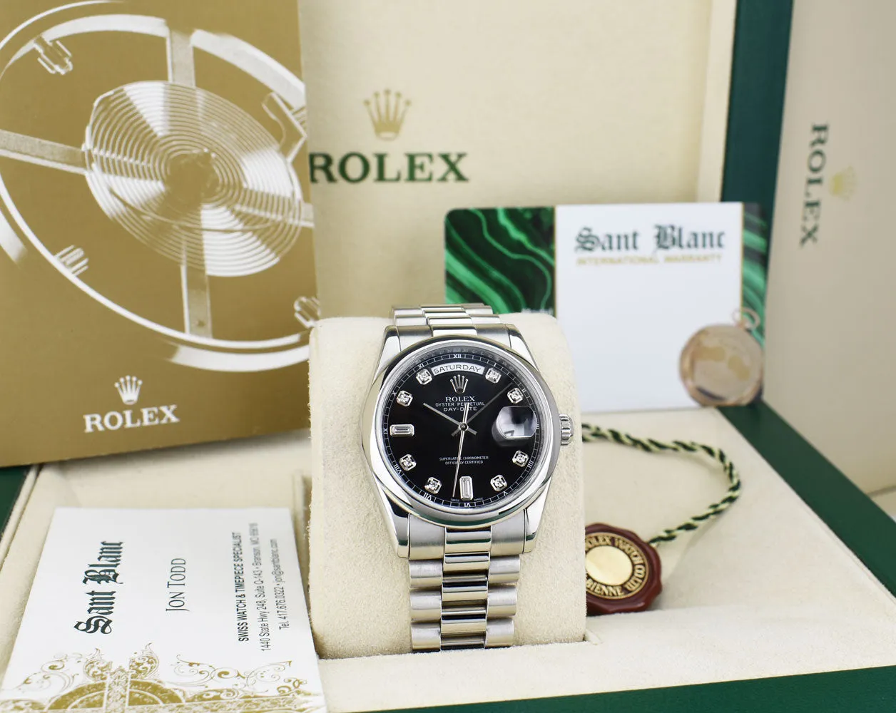 ROLEX 36mm Platinum Day Date President Black Diamond Dial Model 118206