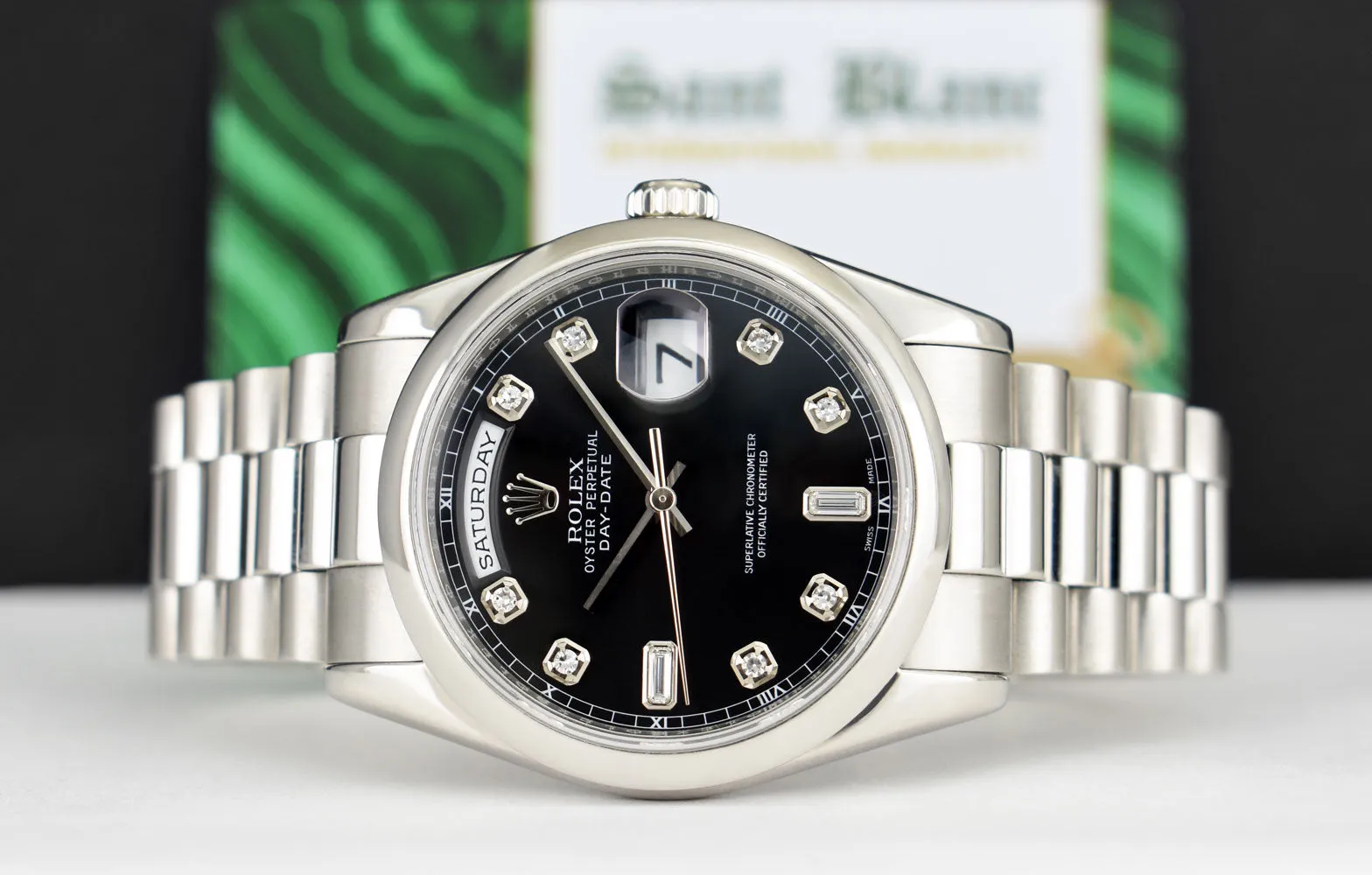 ROLEX 36mm Platinum Day Date President Black Diamond Dial Model 118206