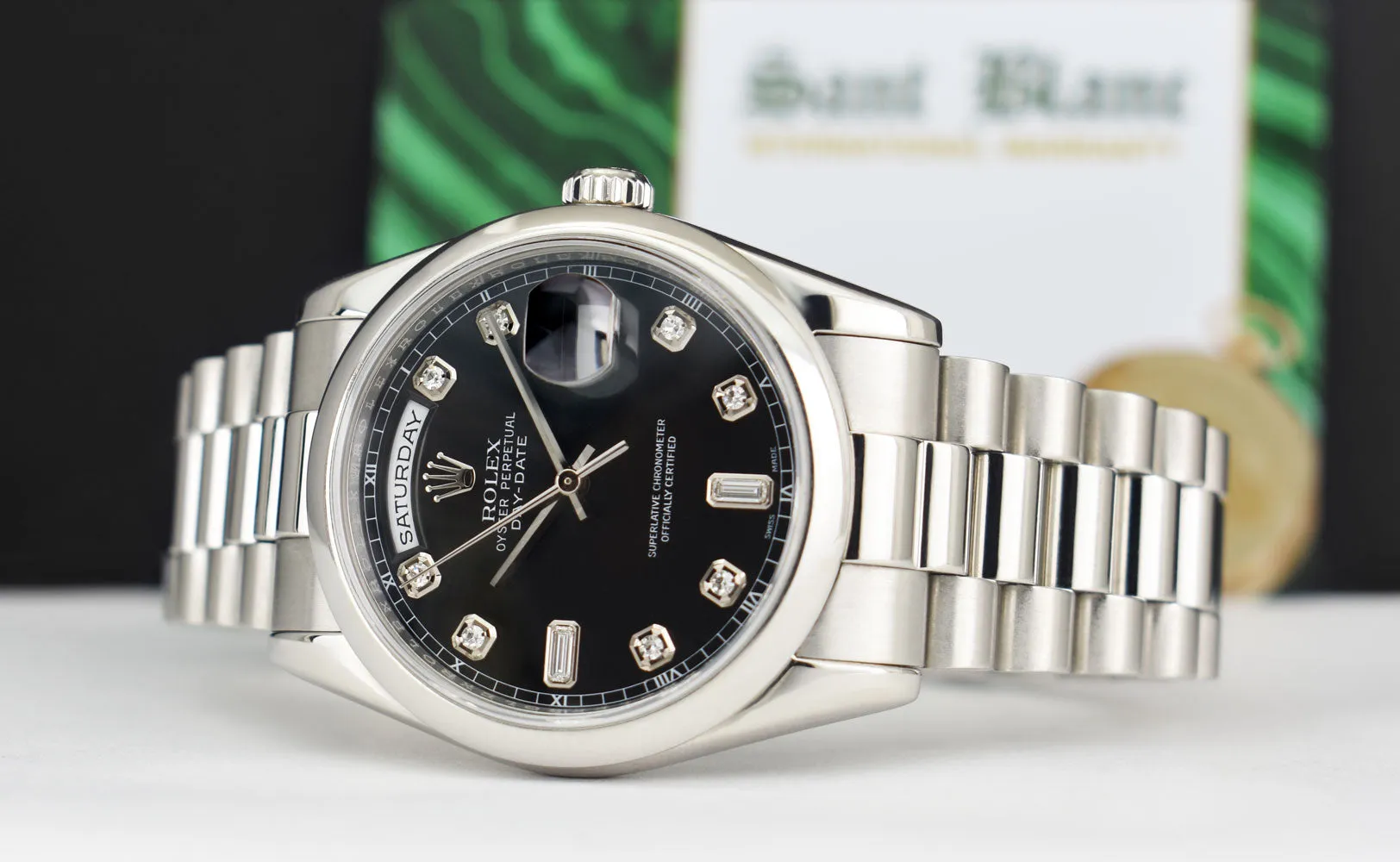 ROLEX 36mm Platinum Day Date President Black Diamond Dial Model 118206