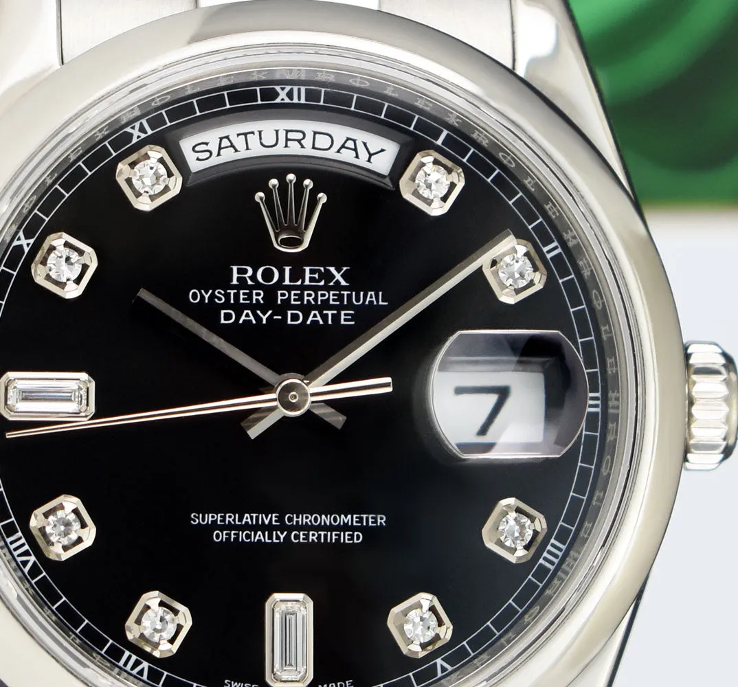 ROLEX 36mm Platinum Day Date President Black Diamond Dial Model 118206