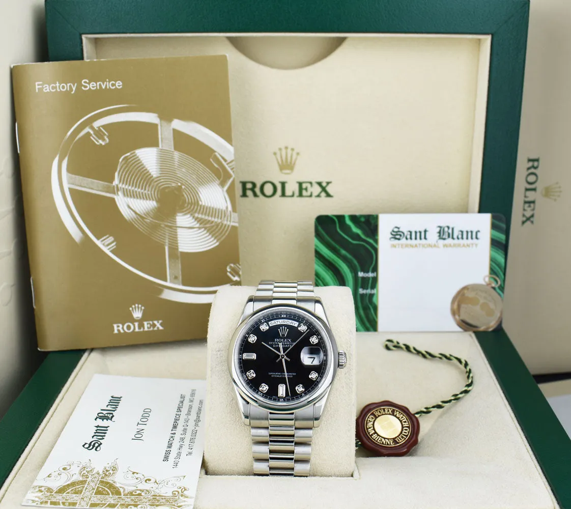 ROLEX 36mm Platinum Day Date President Black Diamond Dial Model 118206