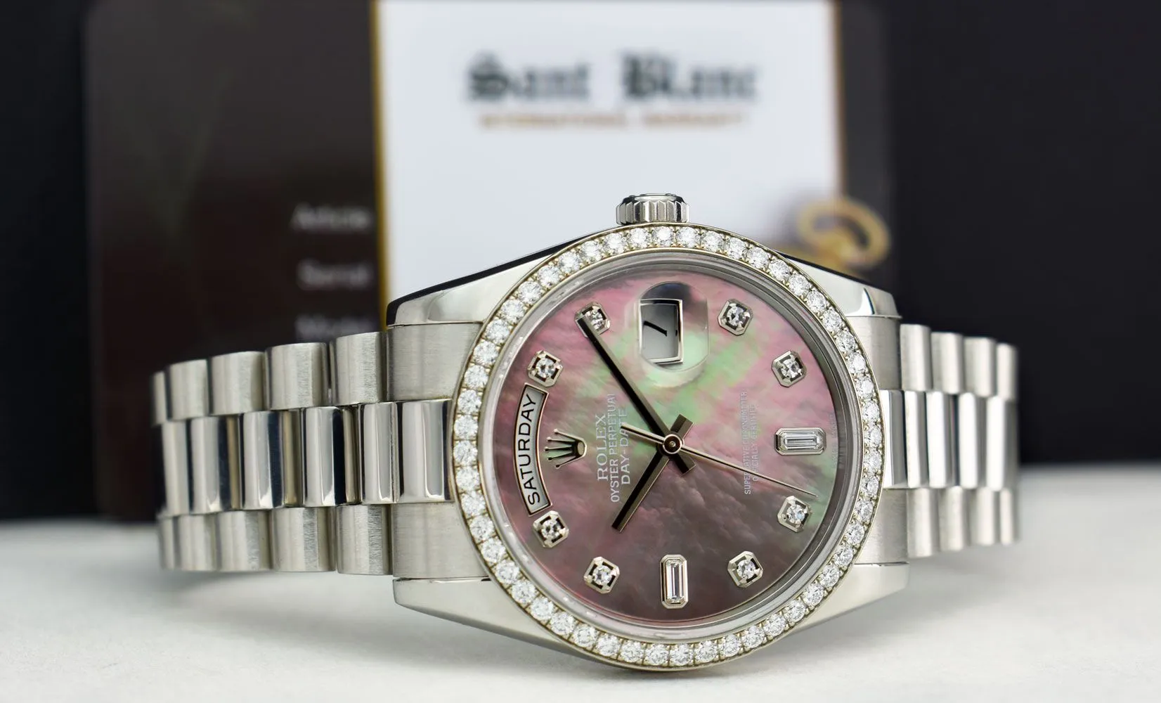 ROLEX 36mm Platinum Day Date President MOP Dial Diamond Bezel 118206