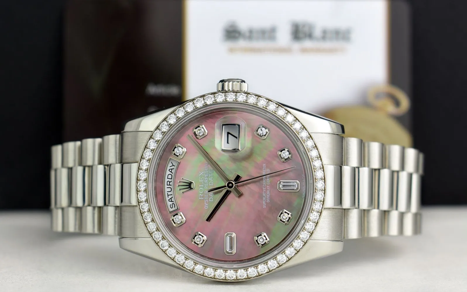 ROLEX 36mm Platinum Day Date President MOP Dial Diamond Bezel 118206