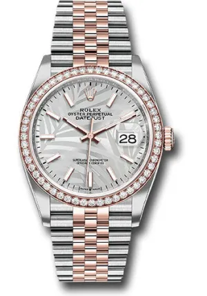 Rolex Everose Rolesor Datejust 36 Watch - Diamond Bezel - Silver Palm Motif Index Dial - Jubilee Bracelet - 126281rbr spmij