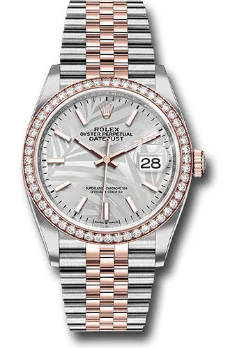 Rolex Everose Rolesor Datejust 36 Watch - Diamond Bezel - Silver Palm Motif Index Dial - Jubilee Bracelet - 126281rbr spmij