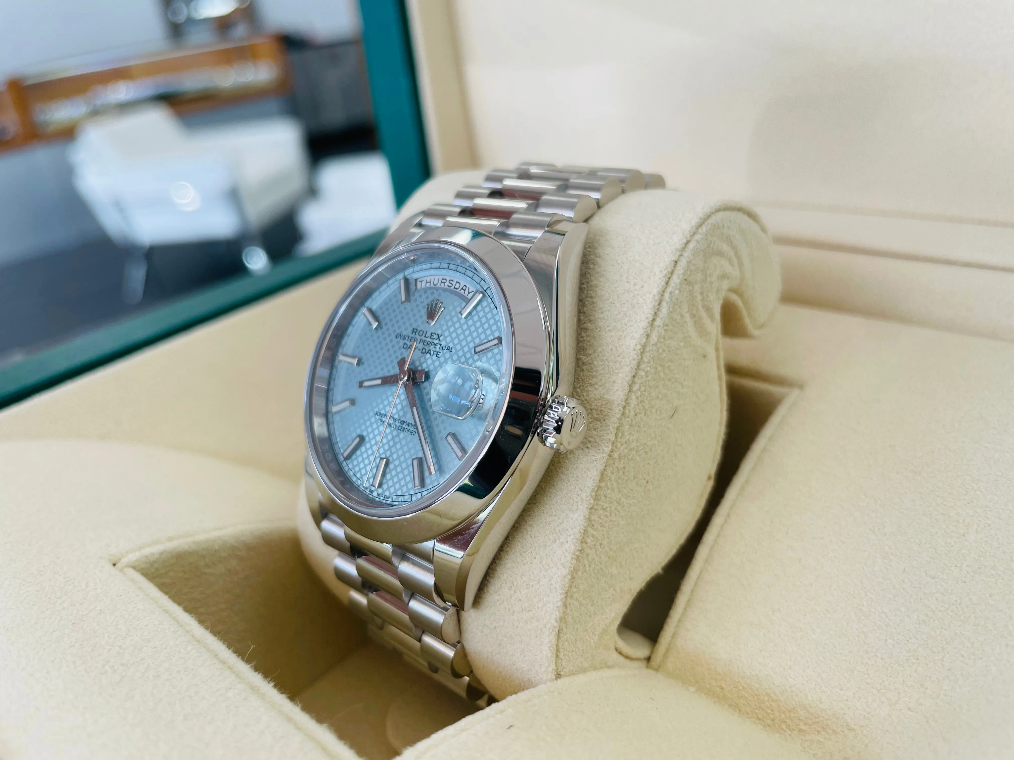 Rolex Platinum President Day Date 40 Glacier Blue Stick Motif 228206 BLURP Box and Papers PreOwned