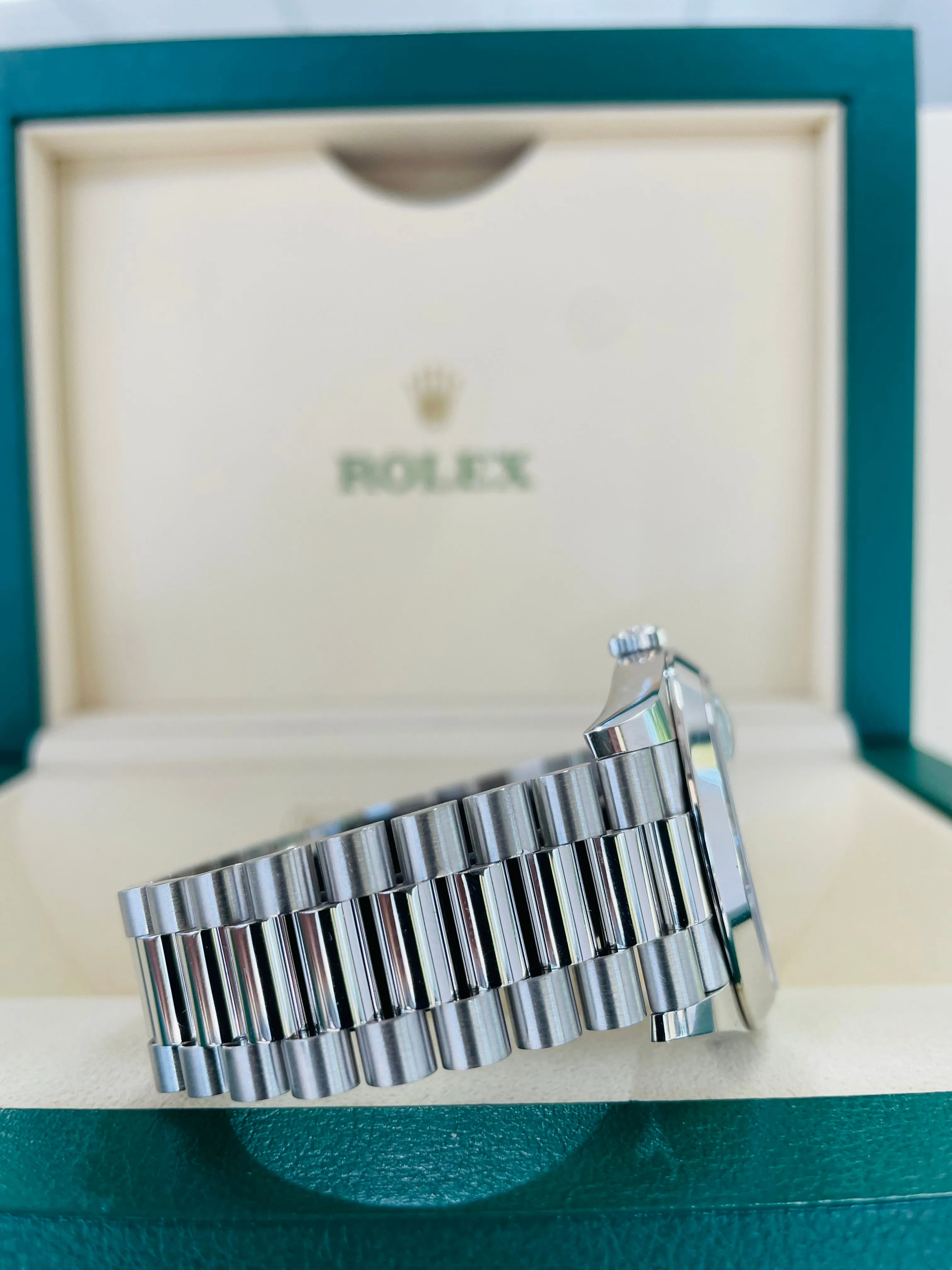 Rolex Platinum President Day Date 40 Glacier Blue Stick Motif 228206 BLURP Box and Papers PreOwned