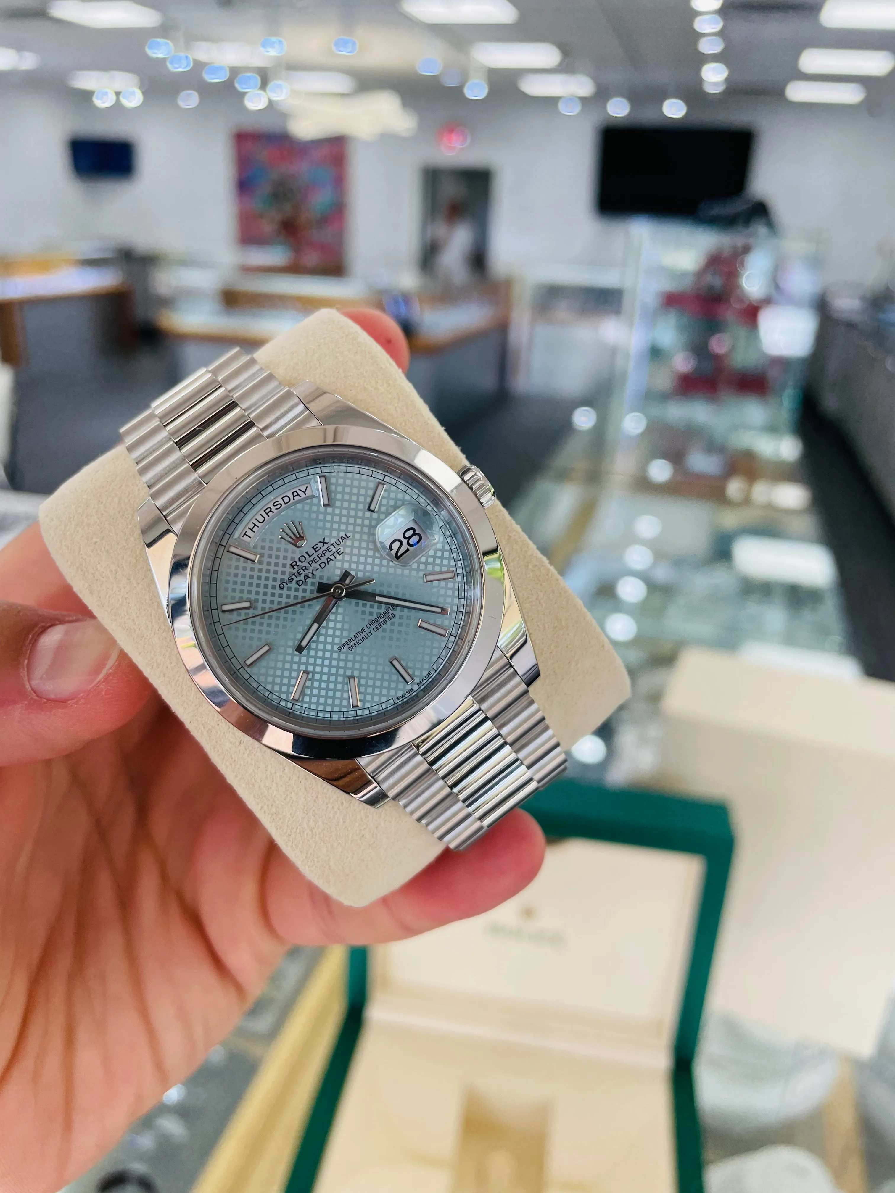 Rolex Platinum President Day Date 40 Glacier Blue Stick Motif 228206 BLURP Box and Papers PreOwned