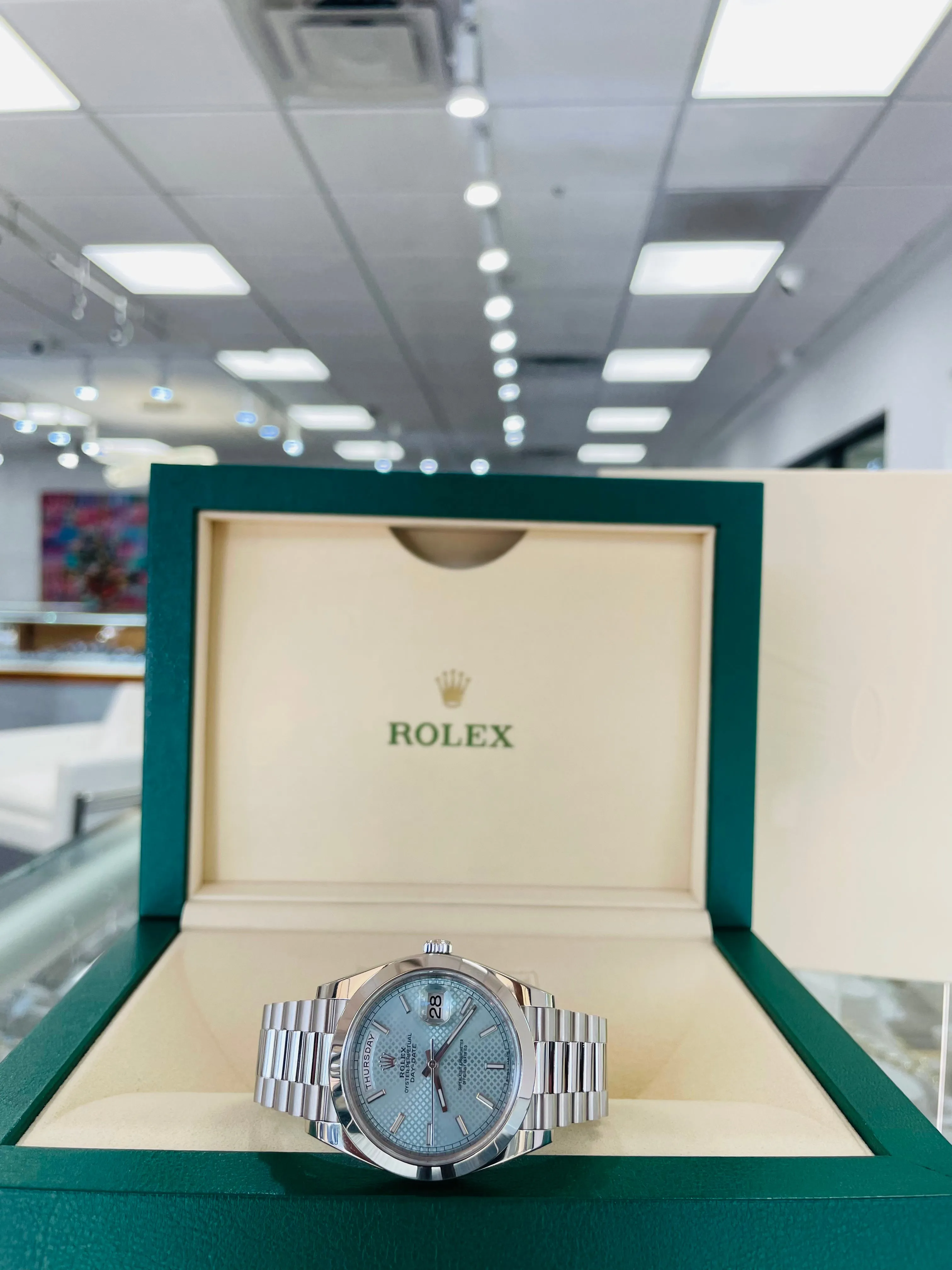 Rolex Platinum President Day Date 40 Glacier Blue Stick Motif 228206 BLURP Box and Papers PreOwned