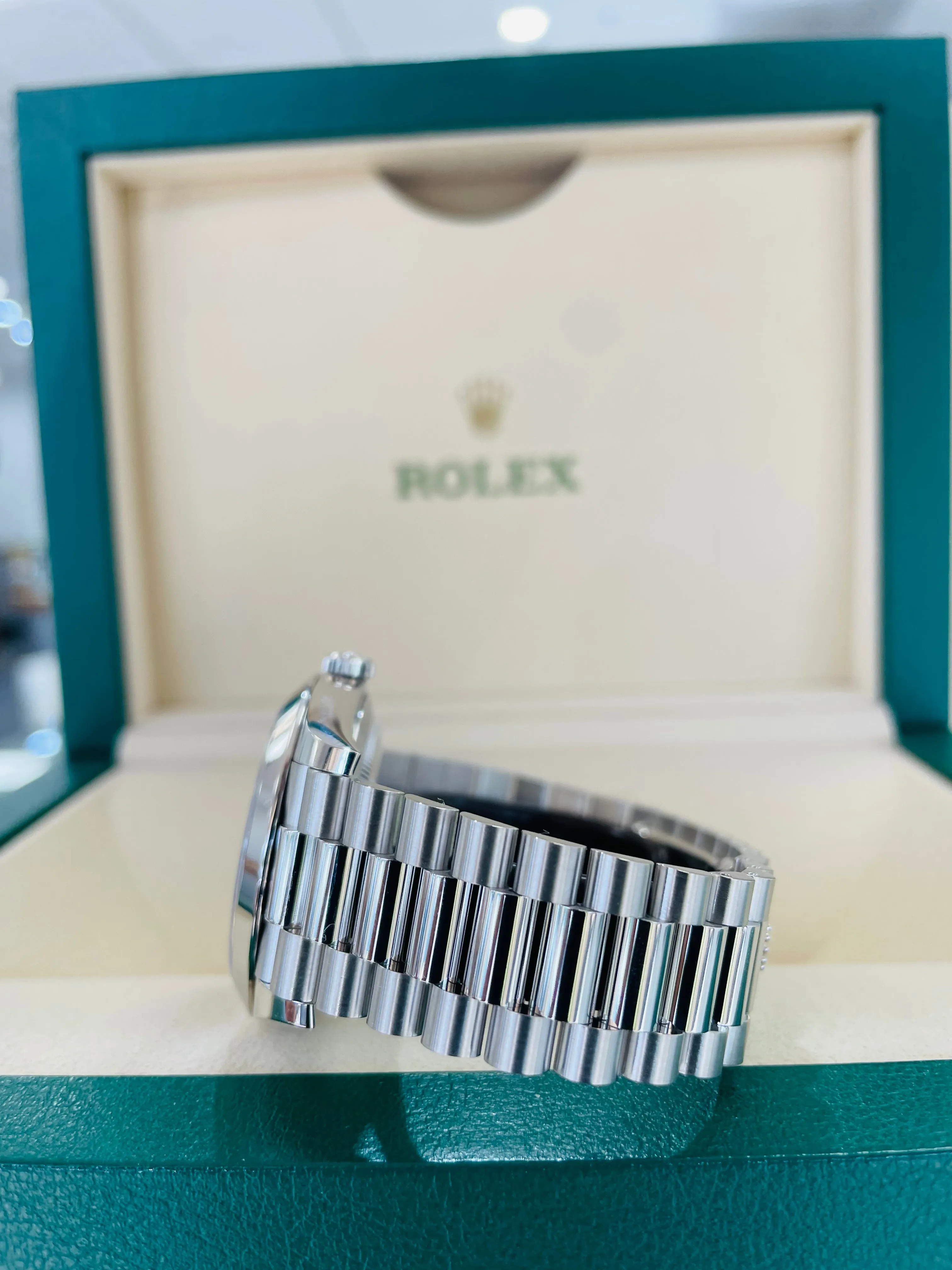 Rolex Platinum President Day Date 40 Glacier Blue Stick Motif 228206 BLURP Box and Papers PreOwned