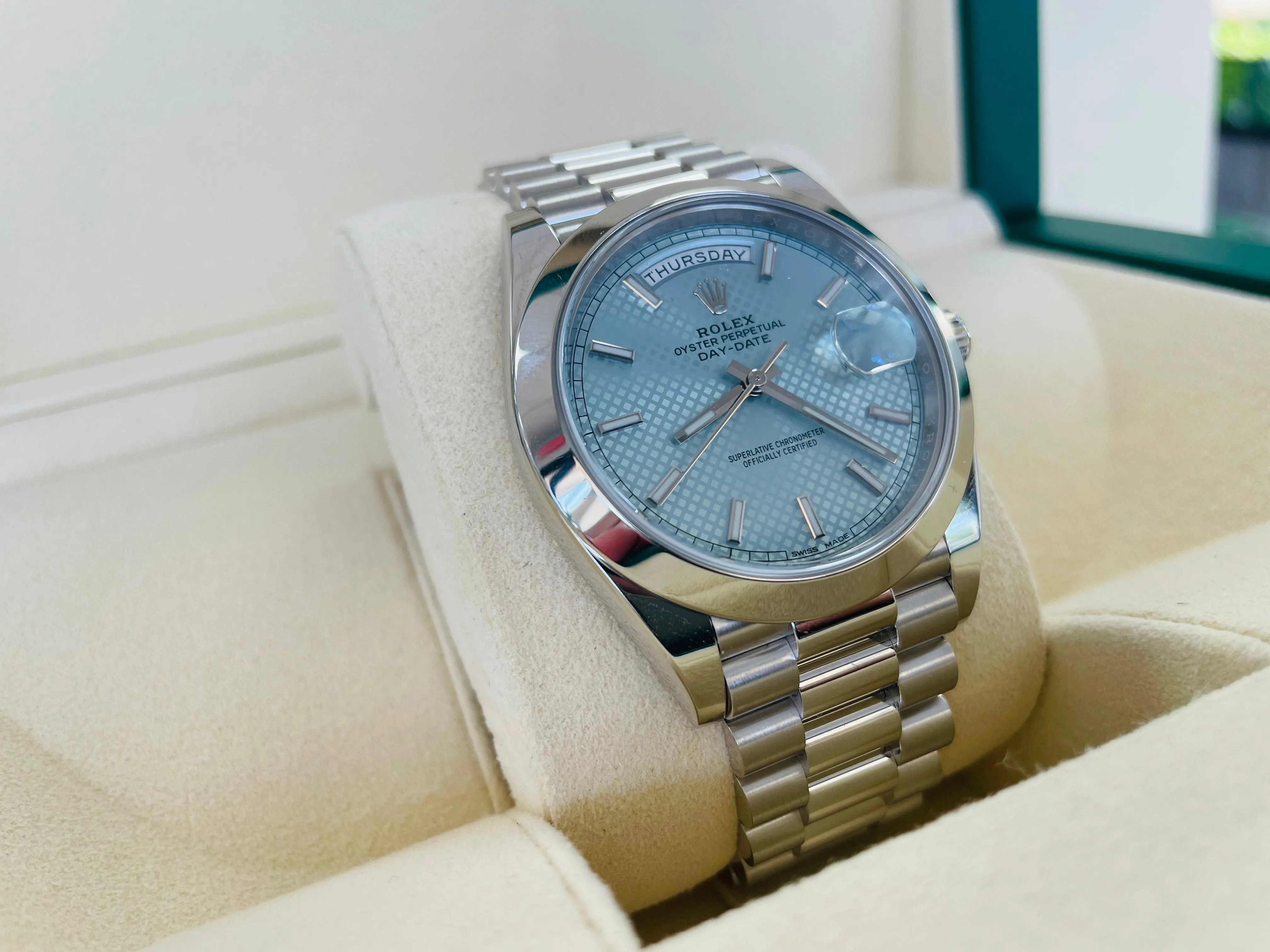 Rolex Platinum President Day Date 40 Glacier Blue Stick Motif 228206 BLURP Box and Papers PreOwned