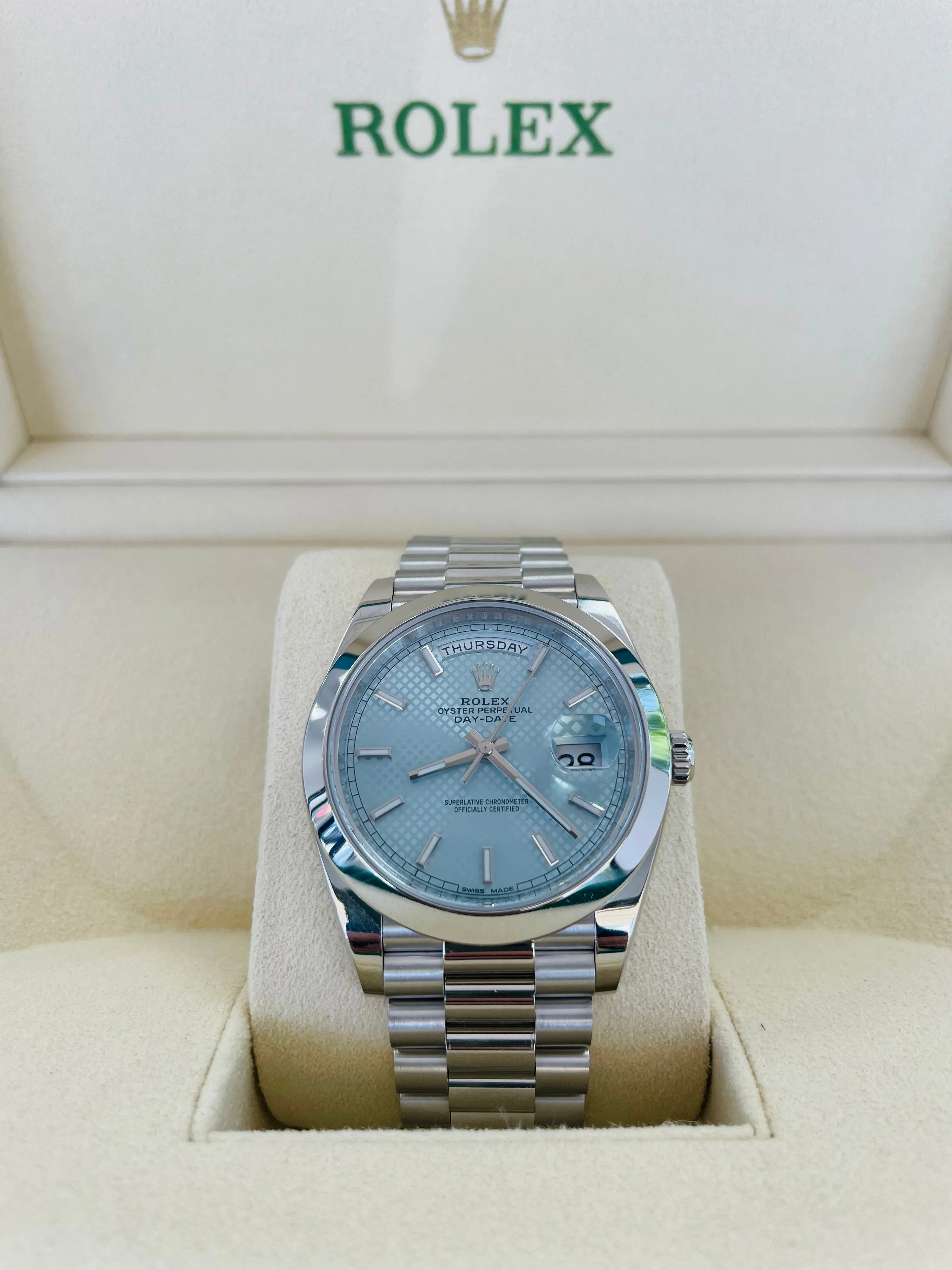 Rolex Platinum President Day Date 40 Glacier Blue Stick Motif 228206 BLURP Box and Papers PreOwned